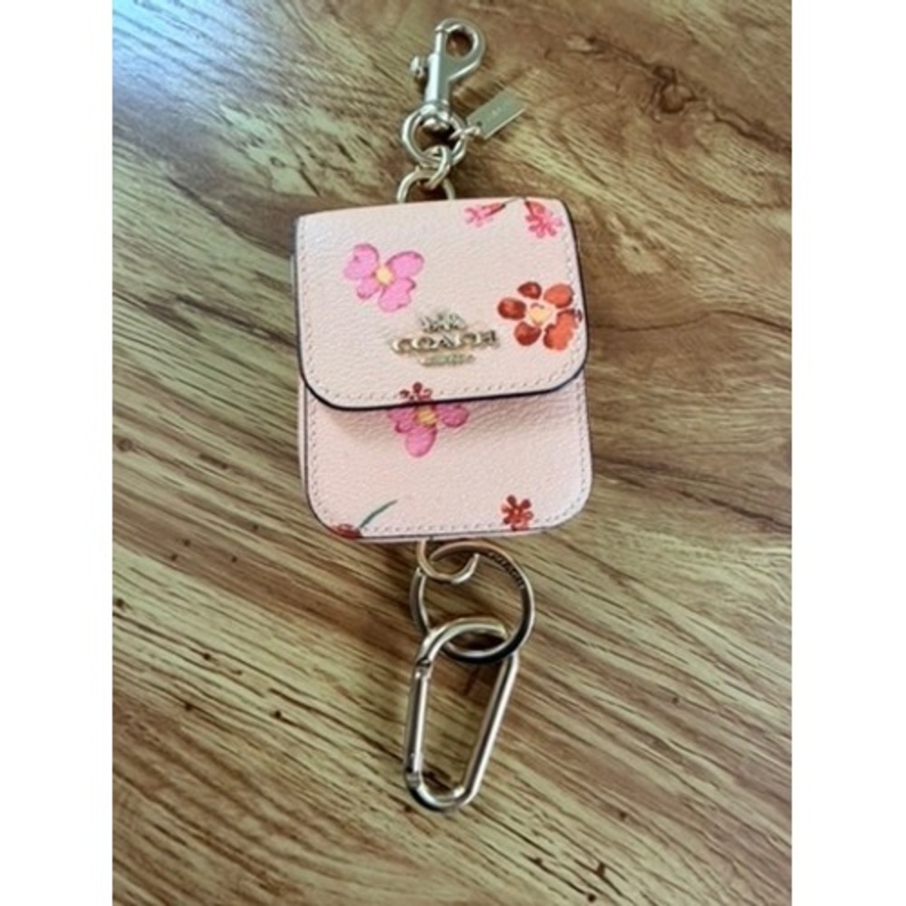 Coach Wildflower Print Leather AirPods Case Bag Charm Keychain Pink Floral Gold